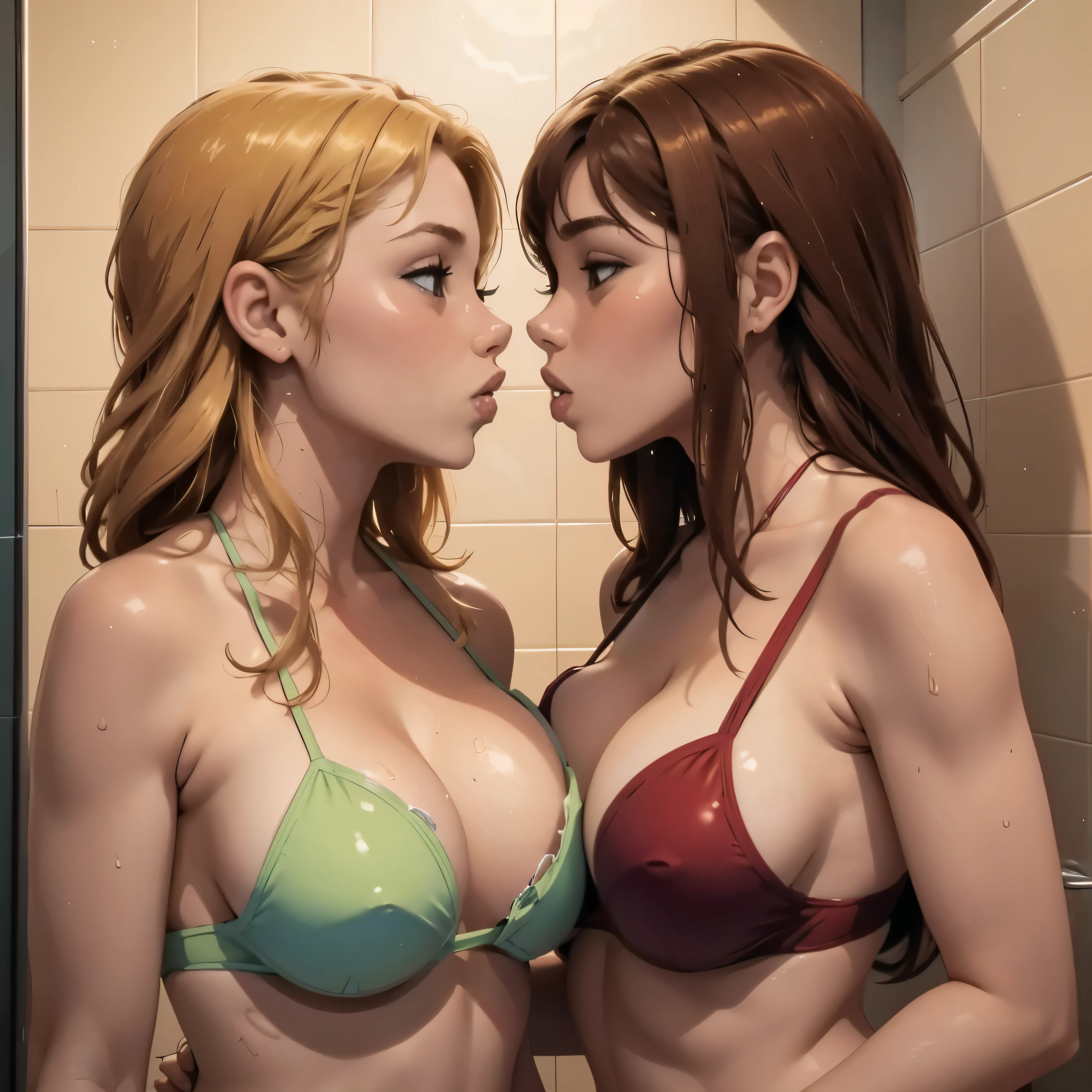 Characters: (Girl1 and Girl2 [Kissing in the shower]), Girl1: Blonde Hair Large Breasts, Bikini, Girl2: Brown Hair, Large Breasts, Swimsuit