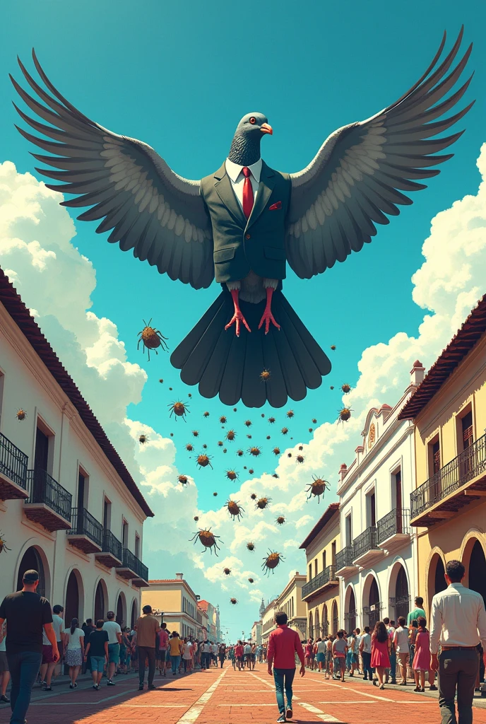 Fictional movie poster of a pigeon in a suit a giant-sized pigeon invading the colonial city of Popayán Colombia a city with white colonial buildings, The pigeon invasion must be with its lice and its poop. The pigeon must be perched on the white colonial buildings and the pigeon must be larger than the buildings.