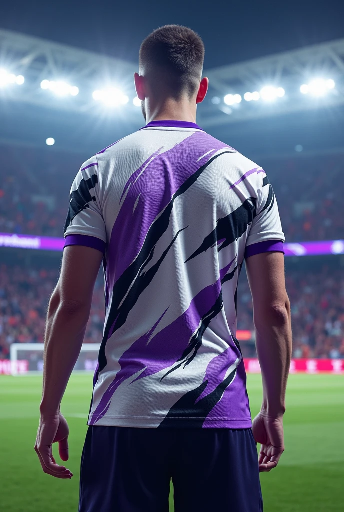 A sports jersey with a white base color and black and purple designs, that can be used for men and women