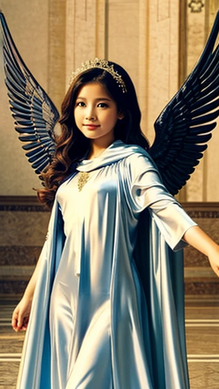 Beautiful female angel with outstretched wings and a silk cloak、She&#39;s here to help humanity、She is at the top of the mountain、Non-obtrusive decoration、Ancient Japanese Magatama， Fine art, Golden shining light、god々Shining light、An inverted sea spreads across the sky、Fisheye Lens
