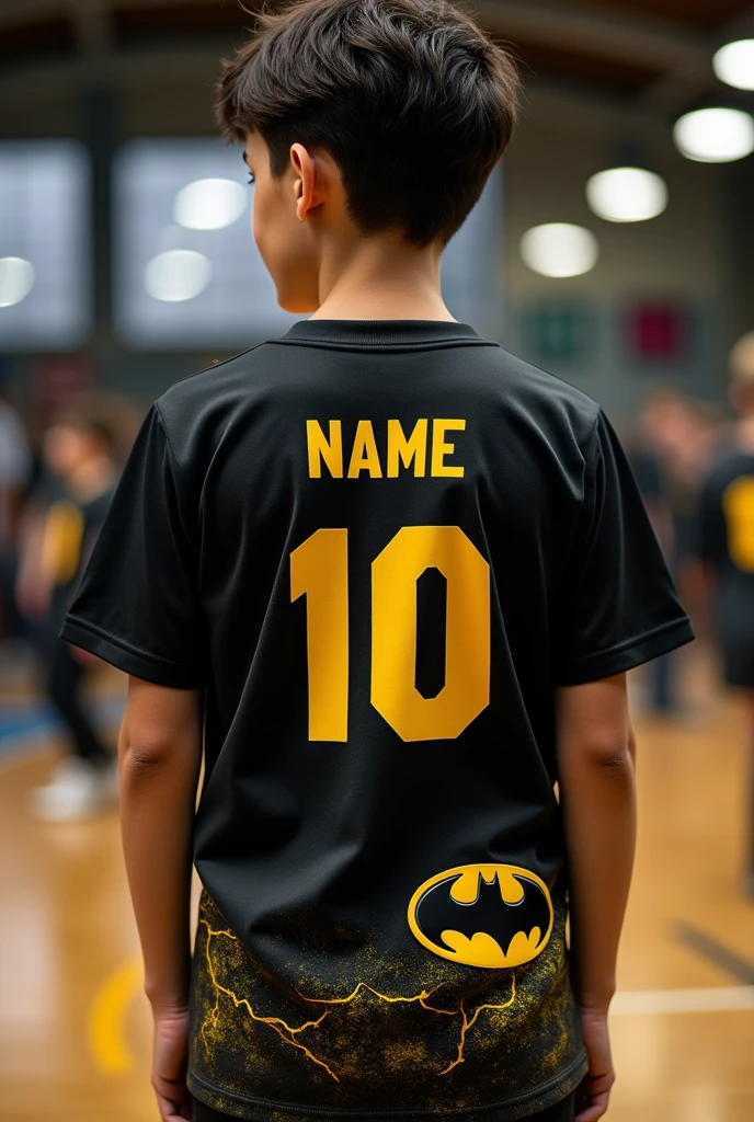 make this batman bat smaller and place it on the right side of the chest. And please add a transparent batman design on the bottom area of the shirt.. Leave a sporty essence for school games. Show the complete shirt please.
Keep these details in the black part, make a small gradient to yellow at the end of the shirt, make this bat smaller and place it on the right side of the peoto. Don't forget to leave the essence of sports jersey for school games. Make it really eye-catching, Although, don't turn it into a cosplay, leave the sporty.
Now make the back of the shirt, follow the same branch, but put the batman drawing the word "name" in the upper area of the shirt and the number 10 in the middle, with a cool font.