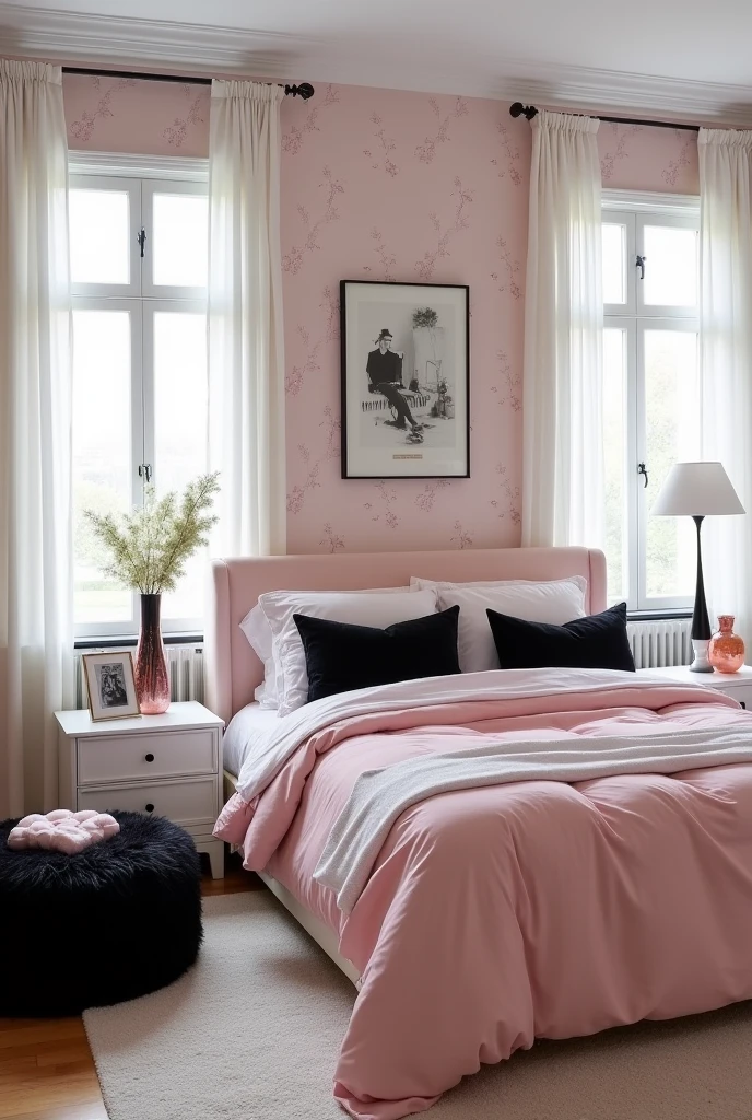clearing! Here is a prompt you can use:
"Create a detailed design for your dream bedroom, using exclusively pink colors, white and black. The environment should be simple, but wonderfully detailed and thought out, with each element carefully designed to harmonize these three colors in an elegant and sophisticated way. Consider the arrangement of the furniture, the choice of fabrics, accessories and lighting to create a space that is both functional and aesthetically pleasing."
