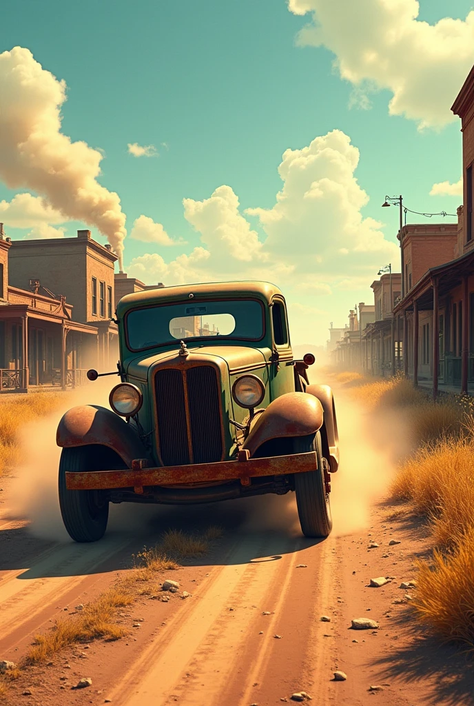 Comic color hyperrealistic look 1900s in the wild west a rusty farm truck goes down the road in the background you can see the city