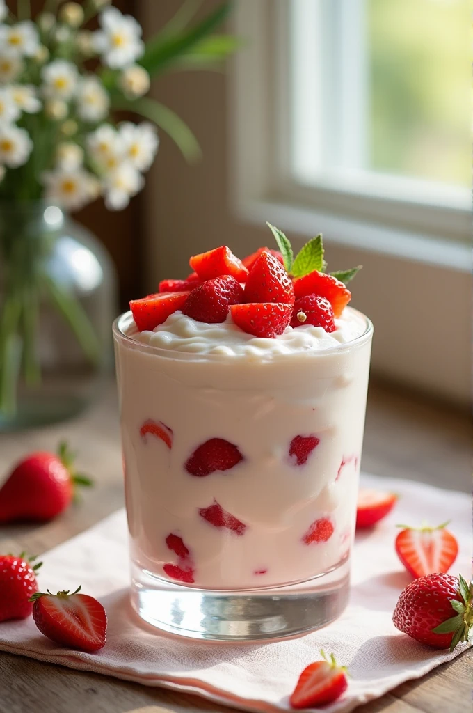 Clear glass of cream with chopped strawberries 