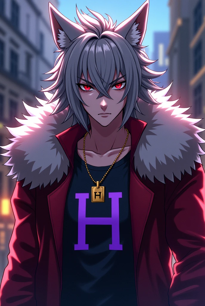 Anime style drawing of a male anthropomorphic wolf furry with gray fur and slightly long, spiky hair, There is a hair passing between the two eyes, has a lot of fur behind, that goes all the way to your back, a bit of your back fur passing over your shoulder and staying in front of your chest, has a serious expression, has red eyes and dark circles, wears a red collar with a gold tag with a purple h symbol printed on it, wears a black and red long sleeve shirt from the chest down.