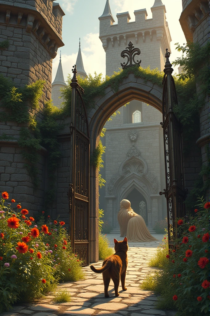 A cat entering a castle that is protected by a lion and the cat rescues the princess 