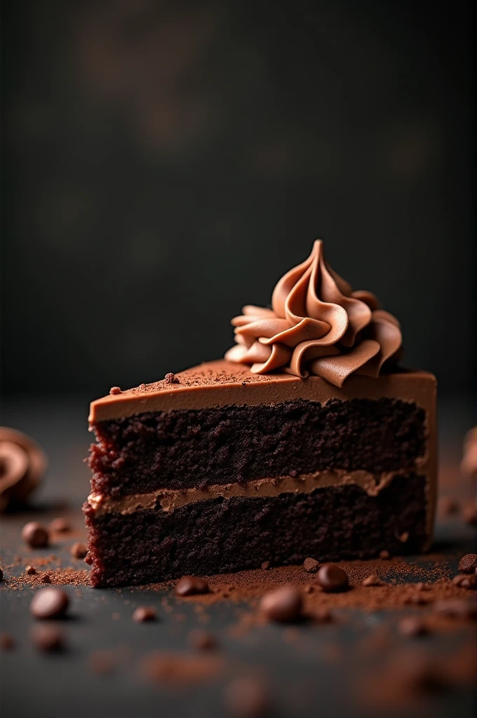cinematic film still chocolate, chocolate cake, dark background, quality photo, moist texture, frosting, studio photo, slice . shallow depth of field, vignette, highly detailed, high budget, bokeh, cinemascope, moody, epic, gorgeous, film grain, grainy