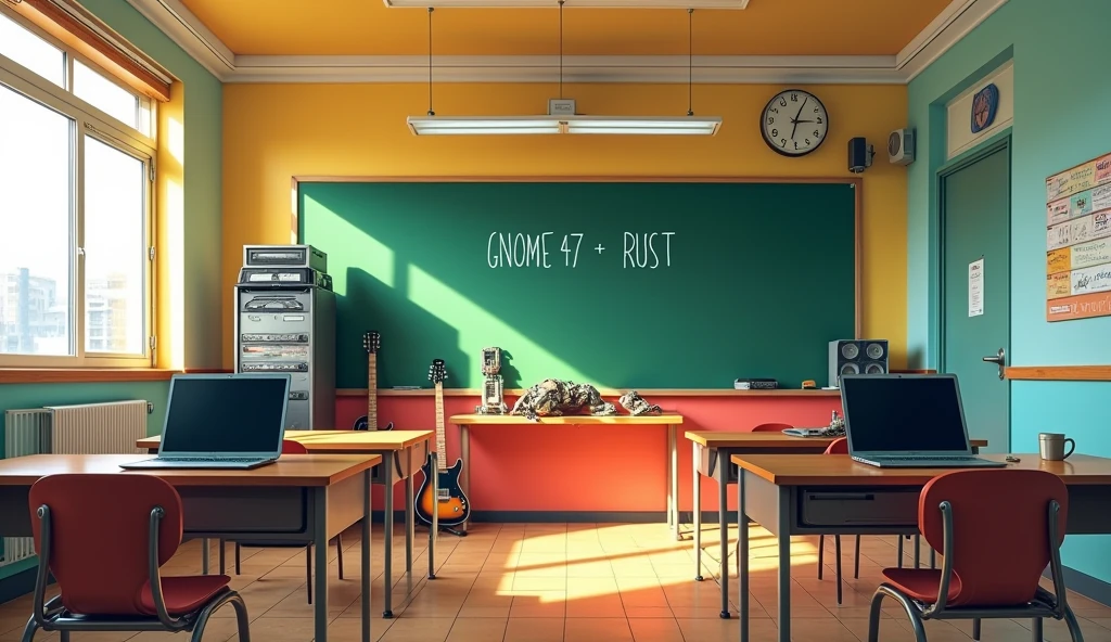 a Japanese school class with bright colors. the class is empty without any student and there arent any windows; there are 2 laptops that run linux, and a server rack, some classic guitars, and an unfinished robot. there is a  green board that writes "GNOME 47 + RUST,  anime style