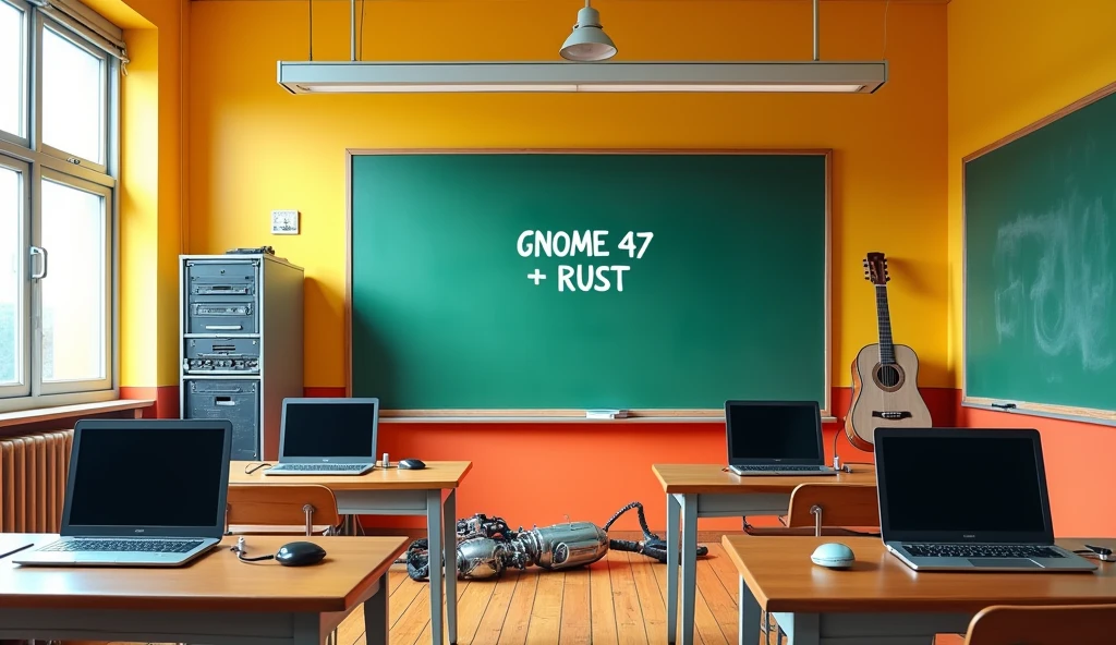 a Japanese school class with bright colors. the class is empty without any student and there arent any windows; there are 2 laptops that run linux, and a server rack, some classic guitars, and an unfinished robot. there is a  green board that writes "GNOME 47 + RUST,  anime style