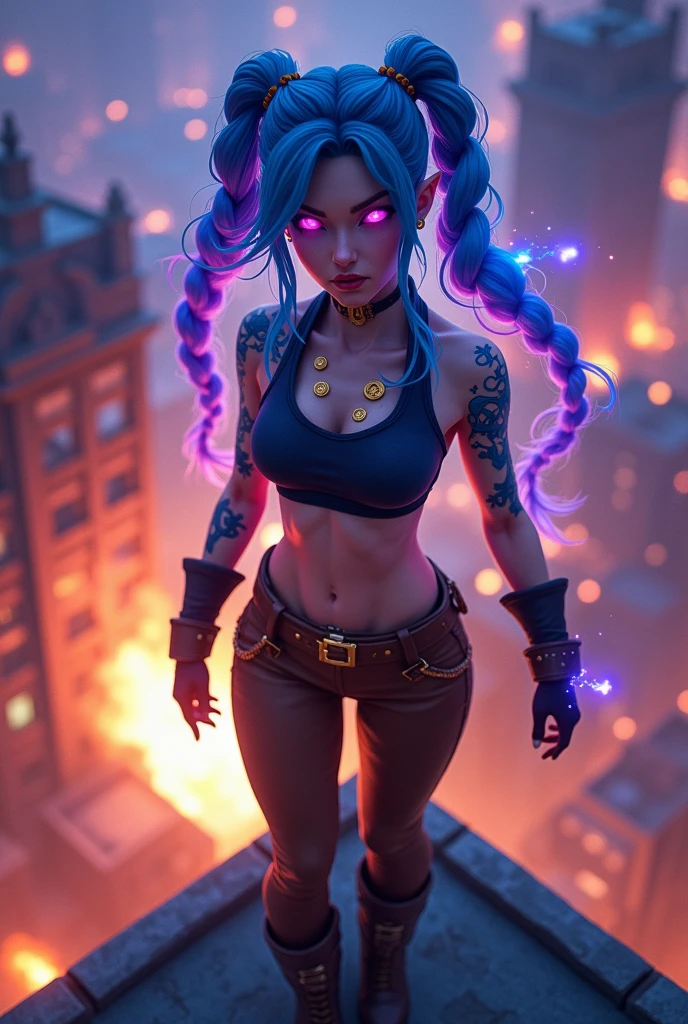 Overhead view, The camera looks at Jinx from above, Like in a computer game, Jinx's character design, Dynamic movements, Standing Half-Sideways, stands on the edge of the roof, Fantasy City, City of Piltover, the night, explosions, fire, Smoke, sparks, Purple Flashes, sexypose, Beautiful figure, Arcane's Jinx, Bright blue and purple sparks all around, glowing eyes, Pink glowing eyes, hairlong, hairsh, braided into long braids, Pigtails hang below the knee, Hair color changes from bright blue to navy blue, Dressed in brown breeches, Leather boots on the feet, Top with four gold circles on the chest in the middle of the chest, Blue cloud tattoos on shoulders and waist, Long bangs, hanging on the right side, Belt with cartridges on the belt, Arcane style, extremely detailed CG unity 8k wallpaper, detailed light, Cinematic lighting, chromatic aberration, glittering, expressionless, epic composition, dark in the background, Cherecter Desing, Very detailed, Detailed body, Vibrants, Detailed Face, sharp-focus, anime art, Vibrants, Detailed Face, Hugh Details, sharp-focus, Very drooping face, A detailed eye, super fine illustration, better shadow, finely detail, Beautiful detailed glow, Beautiful detailed, Extremely detailed, expressionless, epic composition,