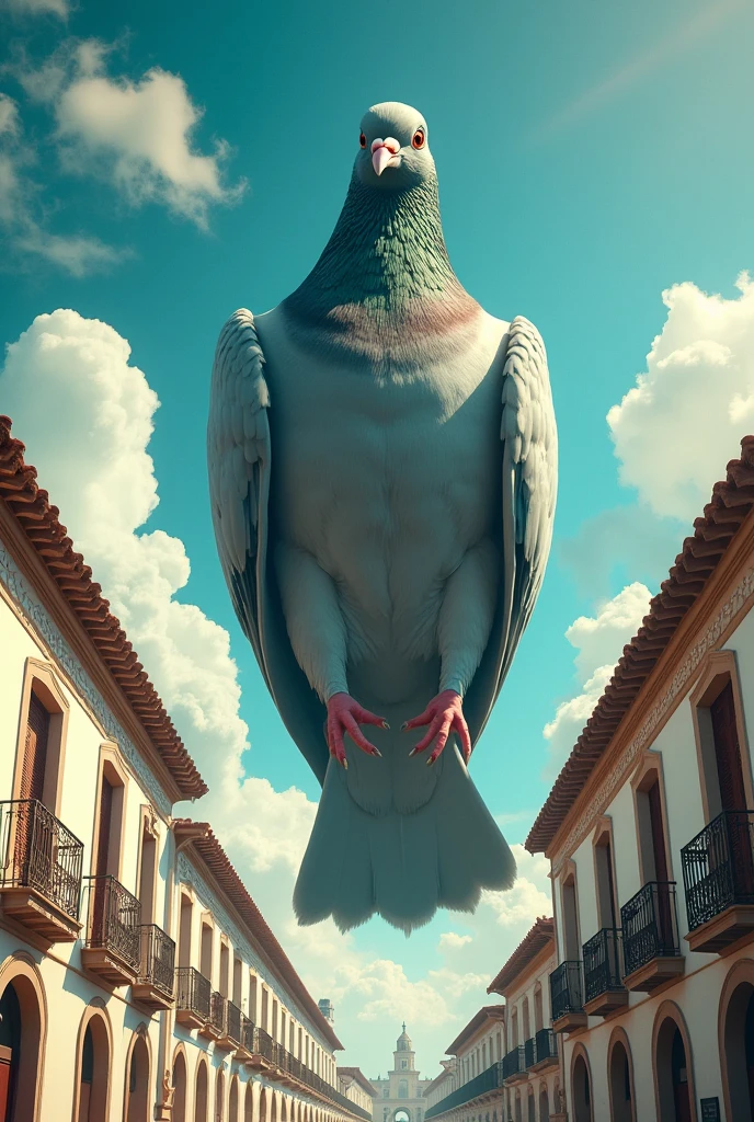 Fictional movie poster of a pigeon in a suit a giant-sized pigeon invading the colonial city of Popayán Colombia a city with white colonial buildings. The pigeon must be perched on the white colonial buildings and the pigeon must be larger than the buildings. 