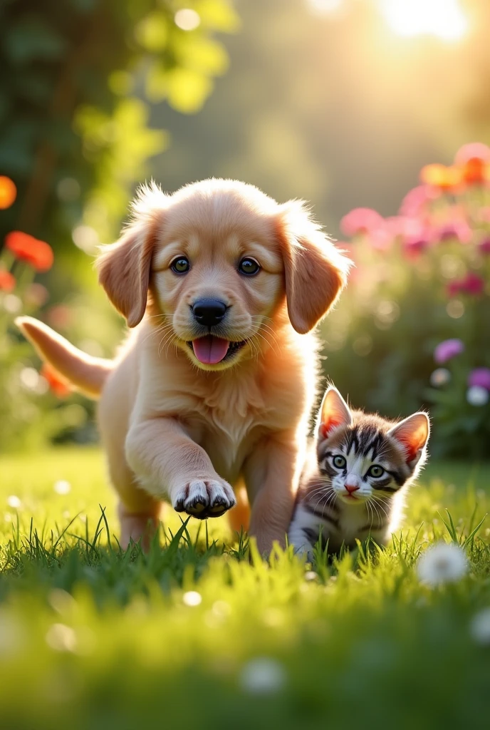 cute puppy playing with a kitten