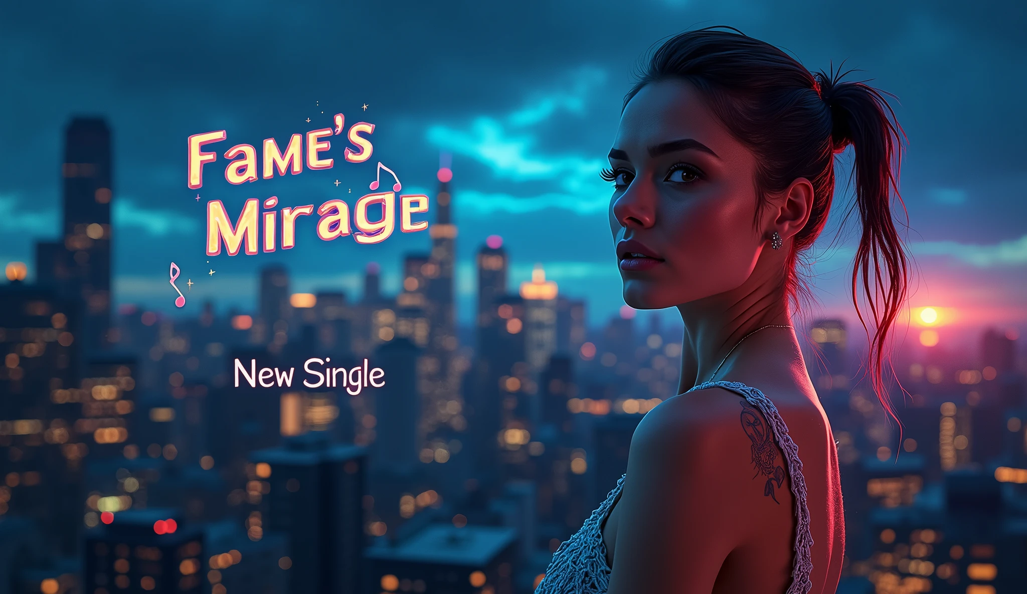 For the YouTube thumbnail and cover of the song “Fame's Mirage,” design a striking urban backdrop with a city skyline at twilight, creating a dramatic and moody atmosphere. In the foreground, feature a realistic, slim, and beautiful female singer with lifelike details, capturing her allure and emotional depth. Her expression should convey a mix of allure and introspection, reflecting the song's themes. Position her near a broken mirror reflecting a bright spotlight, symbolizing the illusion and fleeting nature of fame. Use a color palette of deep blues and purples with bright highlights to enhance the dramatic and emotional tone. Display the title, “Fame's Mirage,” in a bold, modern font, and add a subtitle like “New Single” or “Official Video” in a smaller, stylish typeface. Incorporate elements such as a microphone and musical notes into the cityscape, blending seamlessly with the realistic image of the singer to emphasize the urban and melodic feel of the cover.