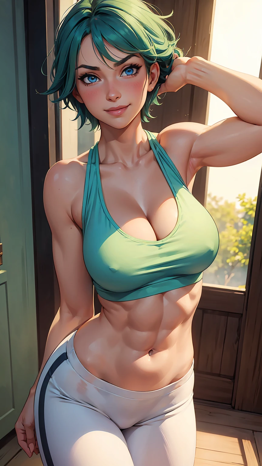 1girl, beautiful fair skin, blue eyes, short green hair, white tank top, yoga pants, medium , cleavage, large breast, dynamic poses, toned abs, cute shy smile, blushing