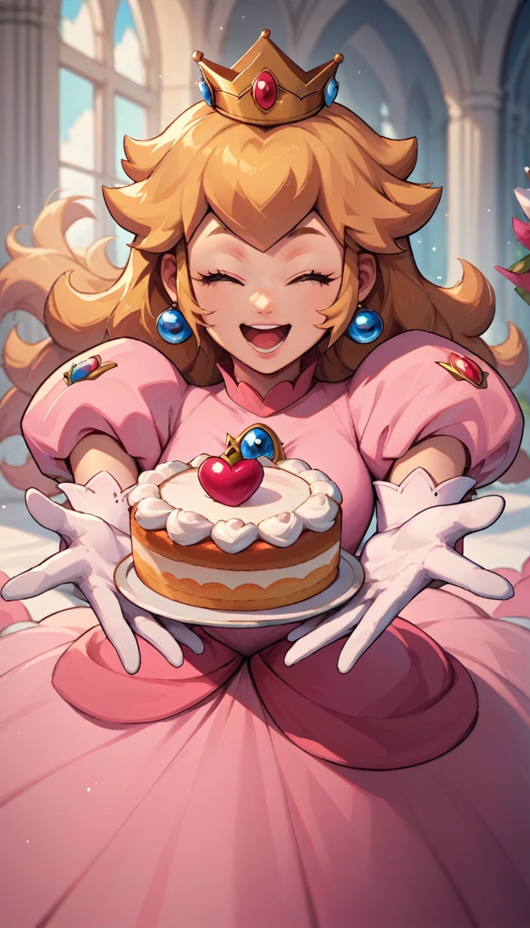 score_9, score_8_up, score_7_up, source_anime, 1girl, beckoning, reaching towards viewer, happy, open mouth, eyes closed, holding cake,  princess peach, pink dress, elbow gloves, crown,