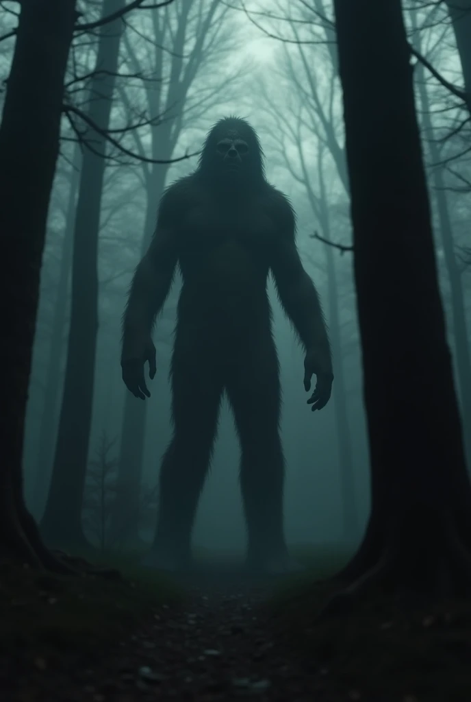 tall creature, hairy body, he has a fleeting face and this is a forest at night, he didn't notice the camera, he is far away between the trees, the image is blurred and shaky, the creature has big hands, scary art style and old