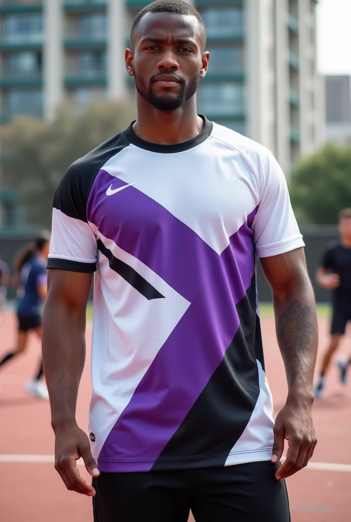 A sports jersey with a white base color and black and purple designs, that can be used for men and women