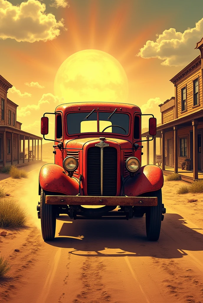 Comic color hyperrealistic look 1900s in the wild west a rusty farm truck goes down the road in the background you can see the city