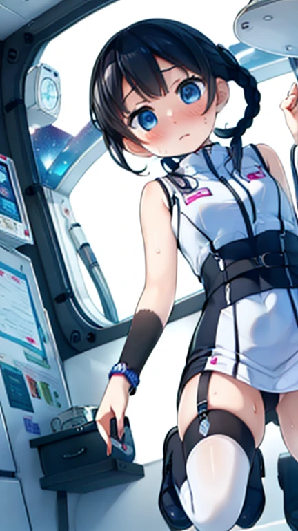 (Highest quality), (masterpiece), 1080P, High resolution, 4K, 8k, Inside the space station、Futuristic room、Thigh straps, Shooting from directly below, The woman on top of me, 白いSweat, Covered , Sweat, Woman looking down, Skirt swimsuit, Thigh-high socks, To achieve this, , , whole body, Black leather shoes, Braided hair, Inner Color, Embarrassed face, Short black hair, bracelet, Bedroom,celestial body_Vest
