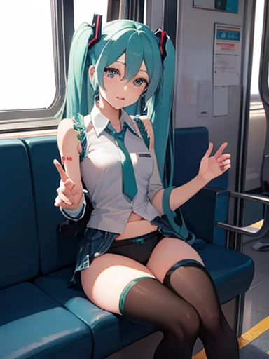 Hatsune Miku is sitting on a train seat, Threatening people by showing off their underwear