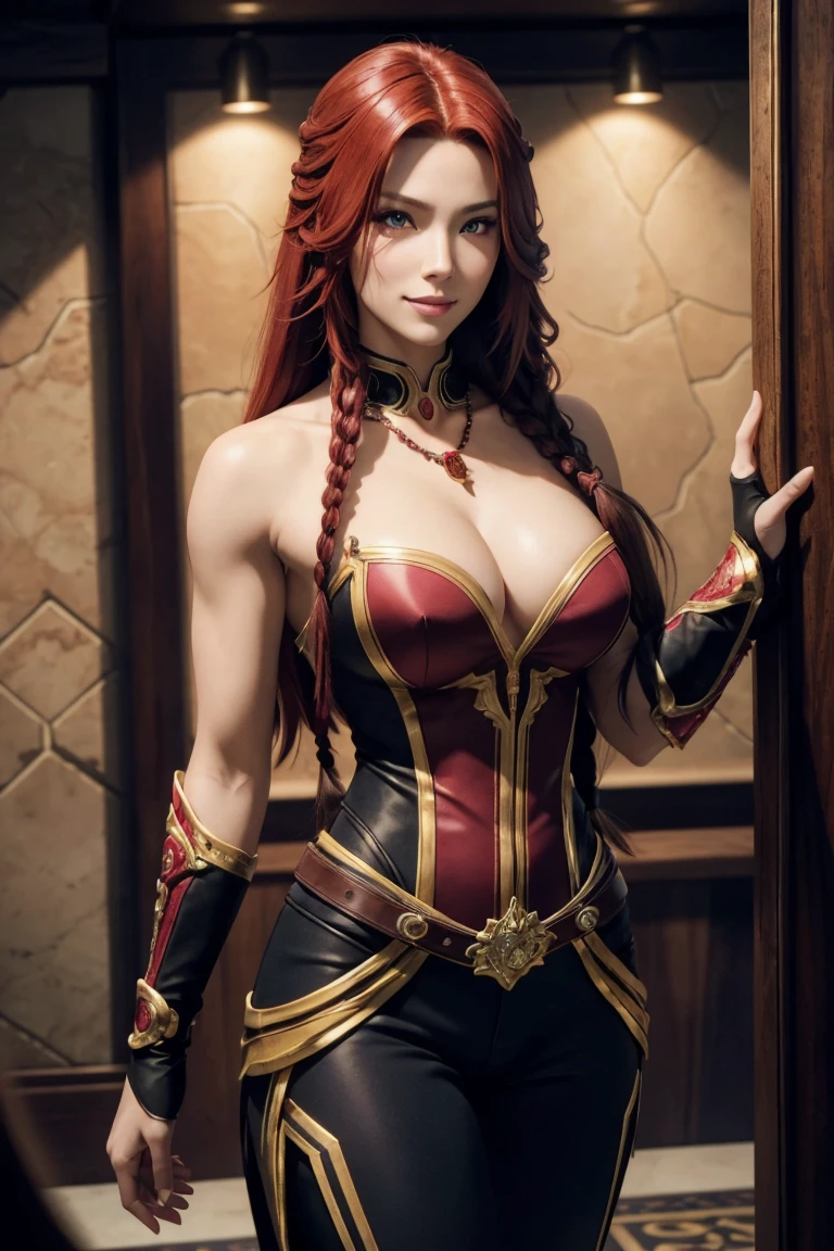 I want to be a powerful figure behind the scenes！,Iris Midgar,Red hair,long hair,Outside flip,with a single braid on one side only,Red eyes,Red Eyes,Beautiful white skin,A suit in black with gold trim,White long pants,Sapphire necklace,Photorealistic,Ultra HD,high quality,masterpiece,Digital SLR,Detailed details,Intricate details,Anatomical basis,Depicted in detail,A detailed face,Realistic skin texture,Vivid details,Perfect Anatomy,Perfect Anatomy,Anatomically correct hand,Anatomically correct fingers,Super Detail,Complex 3D rendering,The worldview of a fantasy with sexy poses,In the great outdoors,Petals of roses dance,Picturesque,Pink Lips,smile,