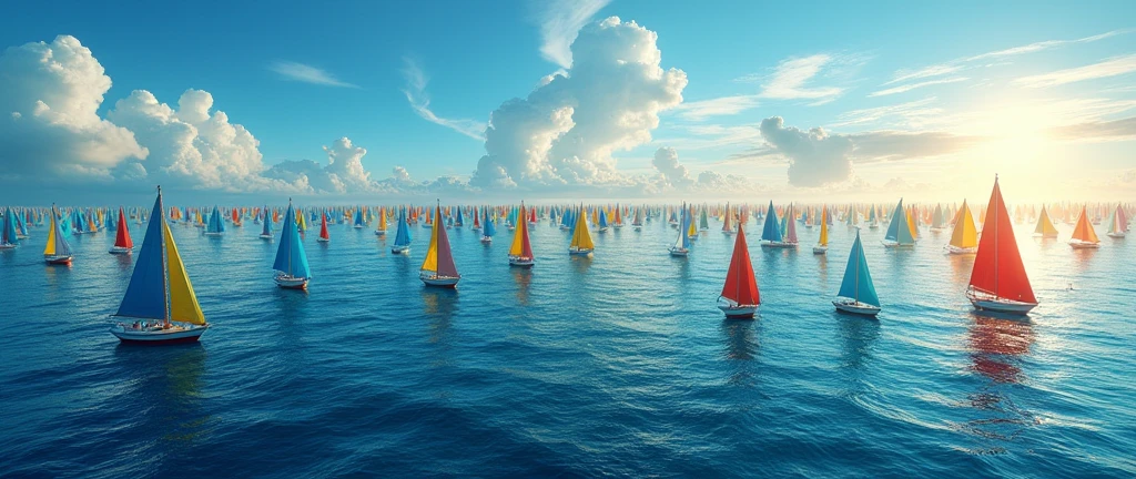 Hundreds of small boats in the middle of no where in the sea from above 