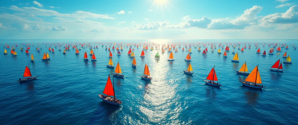 Hundreds of small boats in the middle of no where in the sea from above