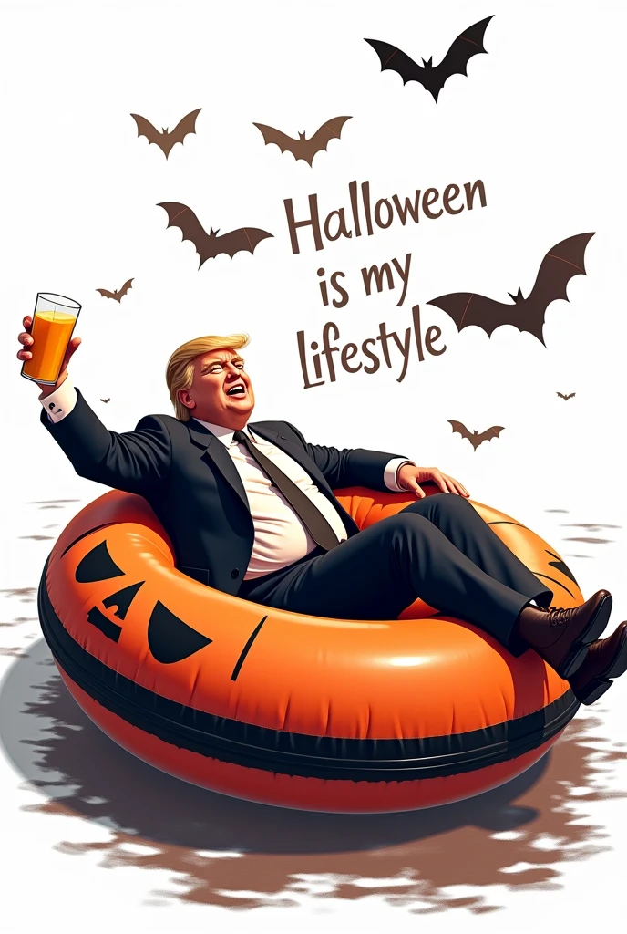 a highly detailed illustration of Donald Trump lying on a Halloween inflatable boat, holding a glass of juice, with bats on top, "halloween is my life style" text, white background, photorealistic, award winning digital art, masterpiece, 8k, hyper realistic, cinematic lighting, dramatic shadows, vivid colors, intricate details