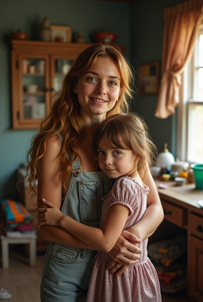 White girl, chestnut hair, green-eyed, pobres, with your daughter