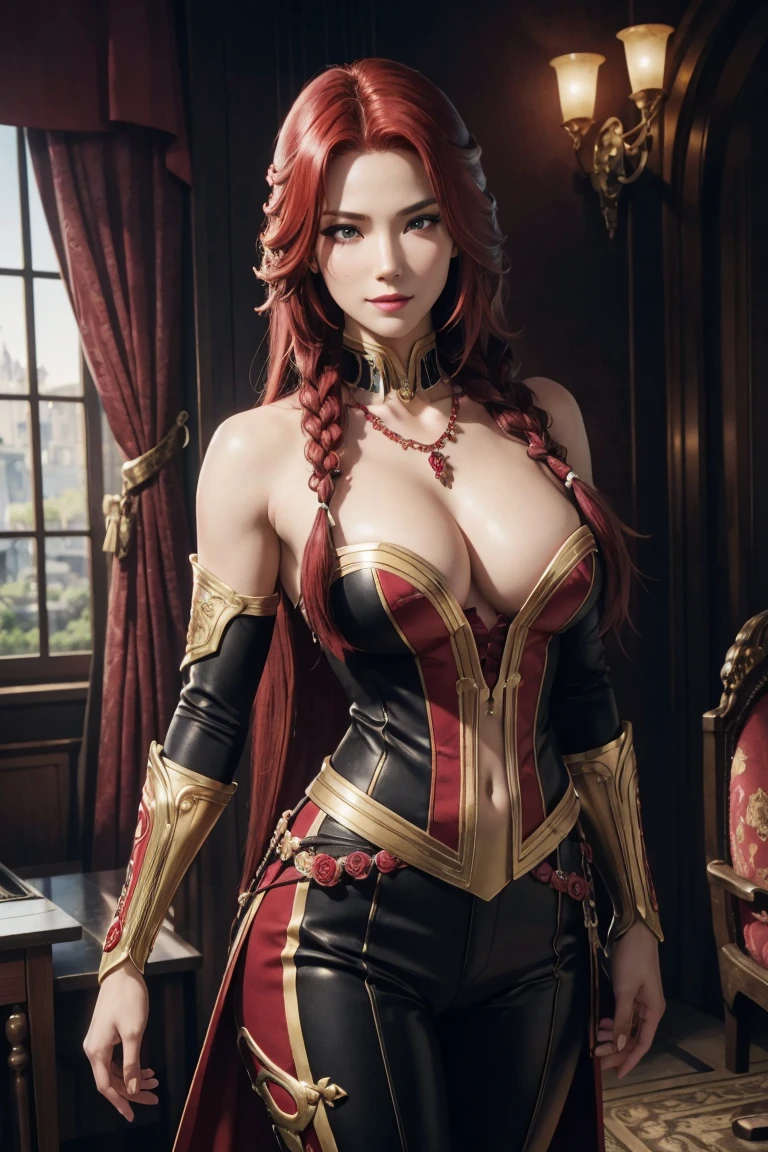 I want to be a powerful figure behind the scenes!,Iris Midgar,Red hair,long hair,Outside flip,with a single braid on one side only,Red eyes,Red Eyes,Beautiful white skin,A suit in black with gold trim,White long pants,Sapphire necklace,Photorealistic,Ultra HD,high quality,masterpiece,Digital SLR,Detailed details,Intricate details,Anatomical basis,Depicted in detail,A detailed face,Realistic skin texture,Vivid details,Perfect Anatomy,Perfect Anatomy,Anatomically correct hand,Anatomically correct fingers,Super Detail,Complex 3D rendering,The worldview of a fantasy with sexy poses,In the great outdoors,Petals of roses dance,Picturesque,Pink Lips,smile,