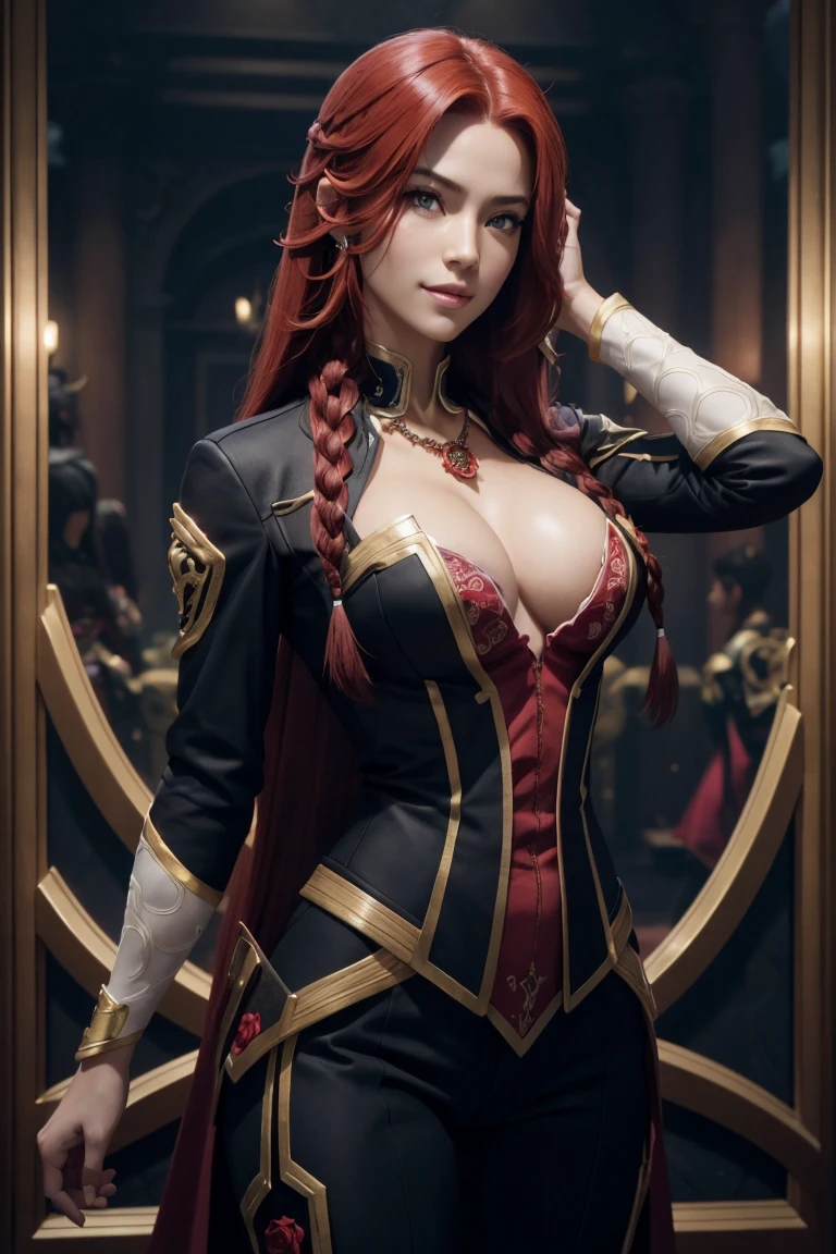 I want to be a powerful figure behind the scenes！,Iris Midgar,Red hair,long hair,Outside flip,with a single braid on one side only,Red eyes,Red Eyes,Beautiful white skin,A suit in black with gold trim,White long pants,Sapphire necklace,Photorealistic,Ultra HD,high quality,masterpiece,Digital SLR,Detailed details,Intricate details,Anatomical basis,Depicted in detail,A detailed face,Realistic skin texture,Vivid details,Perfect Anatomy,Perfect Anatomy,Anatomically correct hand,Anatomically correct fingers,Super Detail,Complex 3D rendering,The worldview of a fantasy with sexy poses,In the great outdoors,Petals of roses dance,Picturesque,Pink Lips,smile,