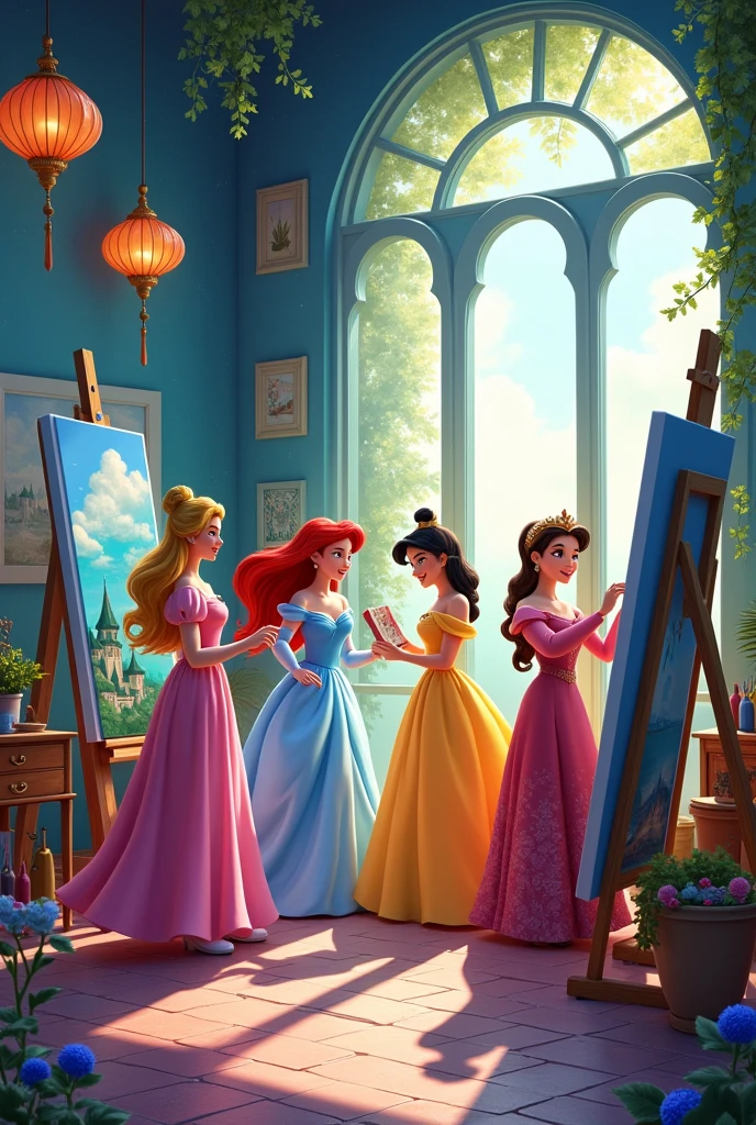 Give me a picture showing Disney princesses painting a picture and making art