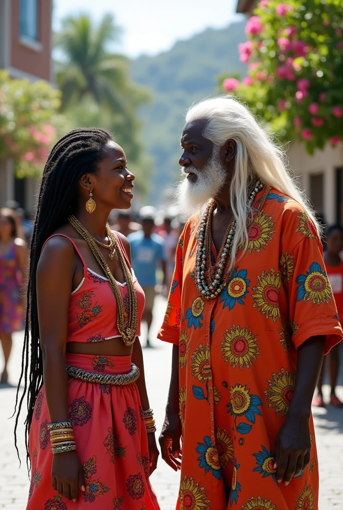 Gessie femme âgée de 54 ans, Afro Américaine dreadlorks relâché sur son dos. Teint lumineux, habits traditionnel haitienne, colliers, bracelets. Paysage province Leogane Haiti place Anacaona, rencontre Jaccot âgé de 53 ans, PORTE parole KNVA afro africain et Bailly, cheveux blancs très long sur son dos, moustaches blancs, barbes blanche, 75 ans directeur De l université INIVA. Cadre hautement lumineux, verdure,, place colorante. Les trois personnes en evidences. Arriere plan des passants