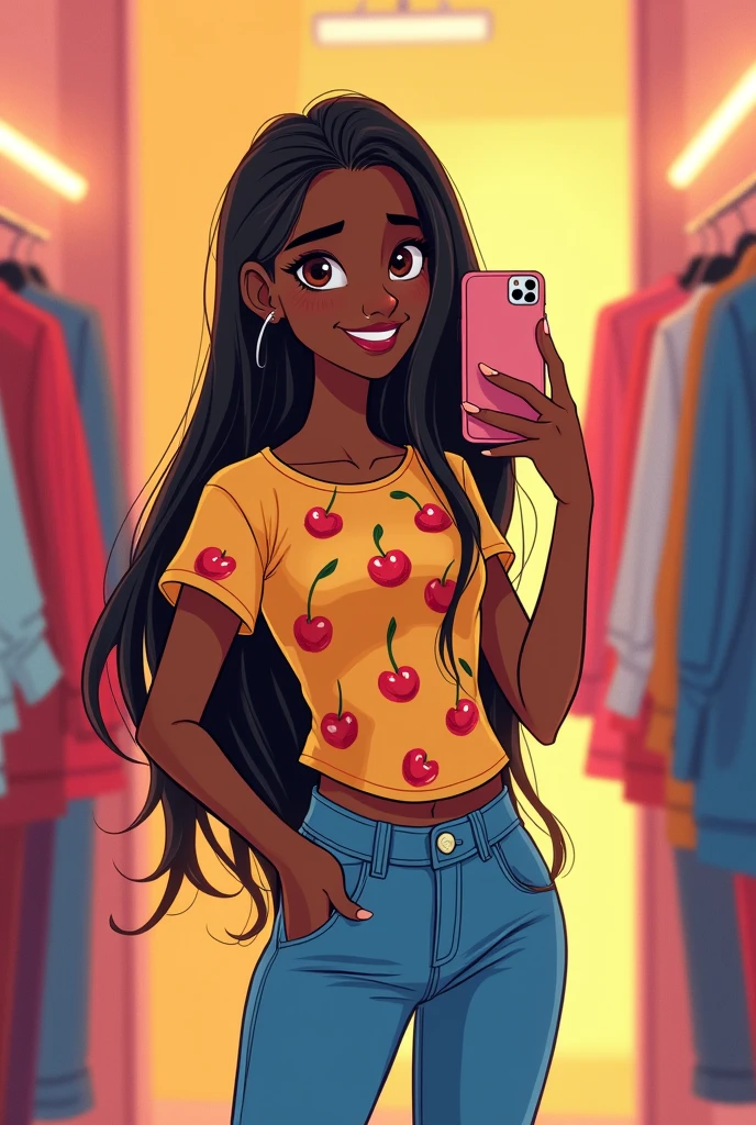 Disney-type drawing of a thin dark-skinned girl with long, half-straight hair, Brown eyes, right nose piercing, dressed in jeans and a t-shirt with a cherry print, with an iPhone in hand,stop in the fitting room of your store