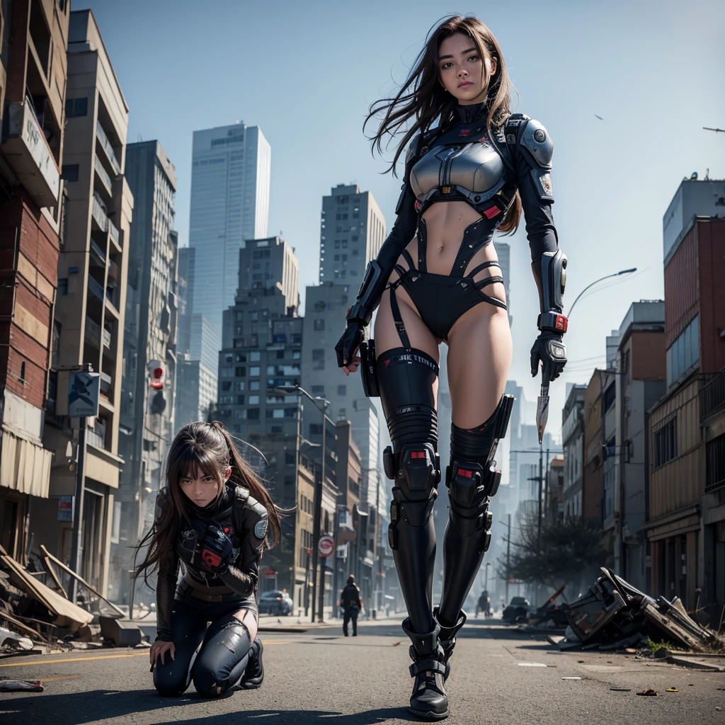 woman, unkempt hair, exosuit chest, torn clothes, war wounds, holds knife, sneaky pose, full body focus, destroyed city background