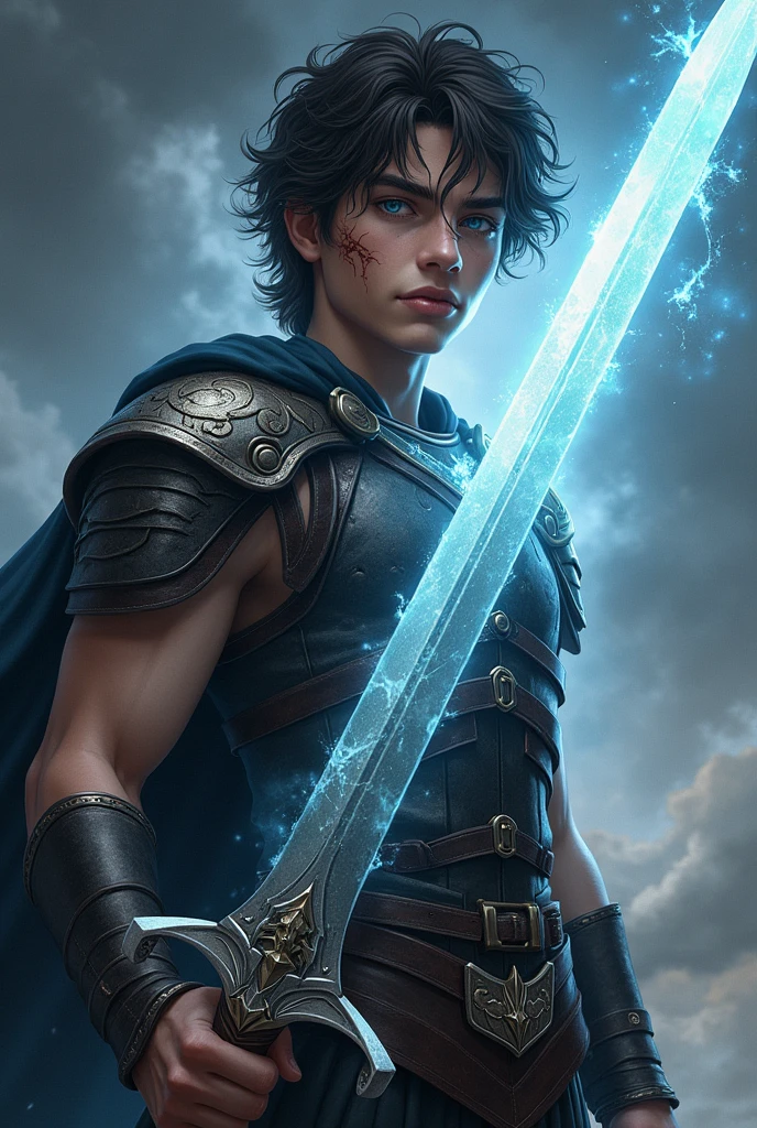 Kael Appearance: Kael is a young warrior with an athletic build., with well-defined muscles due to years of training. He has dark brown hair, slightly wavy, that fall to the shoulders. Your eyes are deep blue, reflecting your determination and courage. He has a prominent scar on his face., result of a previous battle.
tenue: Kael wears leather armor reinforced with metal plates., designed to offer protection without sacrificing mobility. He carries the Heavenly Dragon Sword, that shines with an intense light when it invokes the power of the Dragon God.