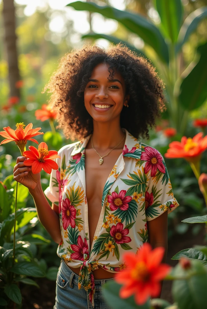 A Brazilian woman in a lush tropical garden, wearing an open shirt with a floral print, with a close-up capturing the harmonious beauty between her breasts and the natural flowers, showing off your natural charm and outgoing personality.