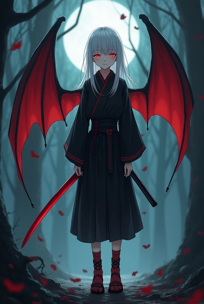 Kizuro is a young boy with a thin and slender body., 1,75 tall, Eyes red, pale skin, long white hair that reaches more than halfway down her back, with strands on each side of the head, with a fringe that covers one of his eyes, more precisely, the left eye. He wears a black demon hunter uniform with a slight red trim., red tabi socks, and a pair of red zori with black straps and a long red katna inside a black sheath at her waist. Kizuro has black bat wings with red interior on the sides and an extremely feminine face.. Full-body image