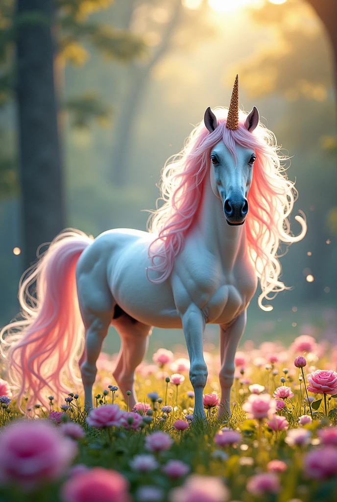 Unicorn in an enchanted rainbow kingdom With grass and flowers in every color of the rainbow.