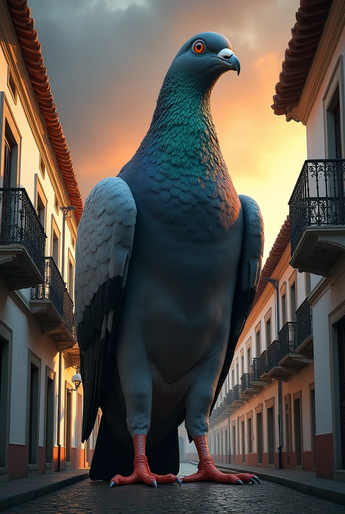Fictional movie poster of a pigeon in a suit a giant-sized pigeon invading the colonial city of Popayán Colombia a city with white colonial buildings. The pigeon must be perched on the white colonial buildings and the pigeon must be larger than the buildings.