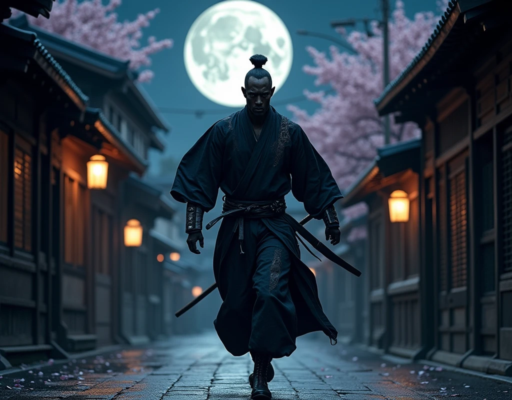 Profile, Full body, run, after , Yasuke became a vassal of Tokugawa Ieyasu, Yasuke is NinJa, Black man,  run,  soul run Edo from Tokyo city 　 Night Covert, night ((Anatomically correct,Surrealism, uhd, retina, accurate, anatomically correct, textured skin, super detail, high details, best quality, 8k))
