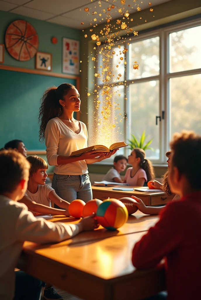 A teacher who is with several students and the teacher has a book from which good grades come out, some basketballs,  Football,  volleyball, figures with wood and glass 