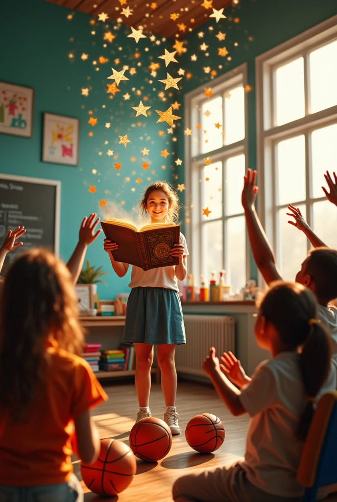 A teacher who is with several students and the teacher has a book from which good grades come out, some basketballs,  Football,  volleyball, figures with wood and glass 