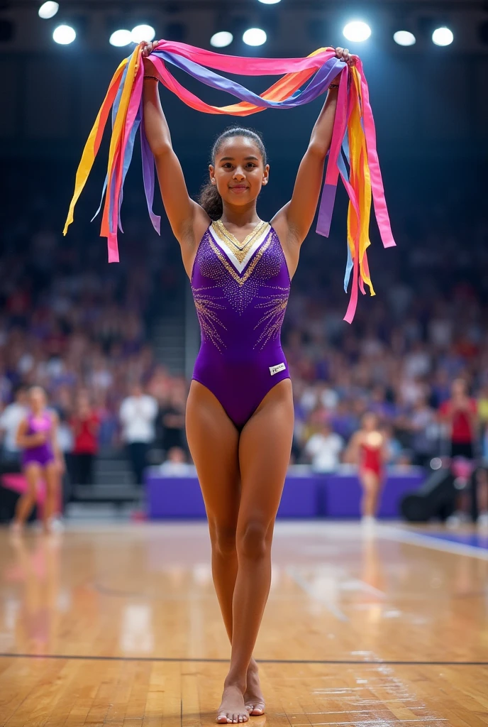 I created one with purple gym clothes, gold and white and holding ribbons