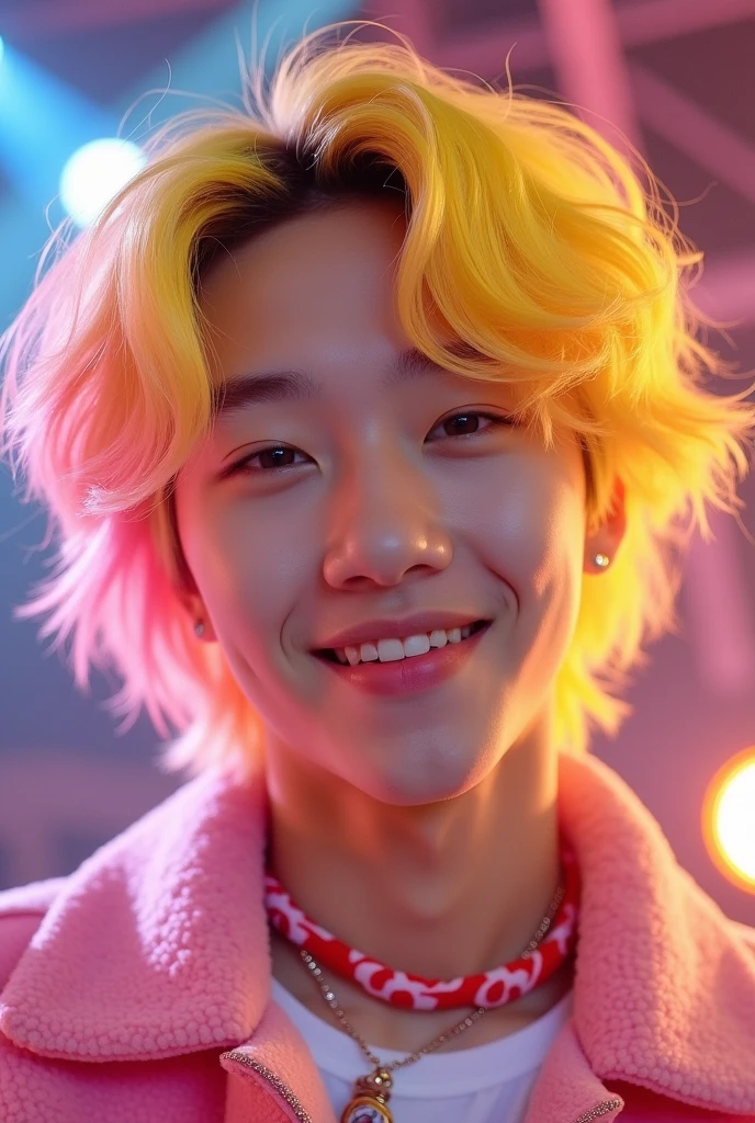 An 18-year-old male Korean kpop idol, with hair half yellow and half pink, close UP of the face and a smile