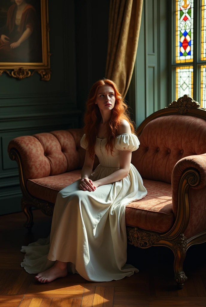 19th century French woman with red hair cries because she doesn't know what to do with her life