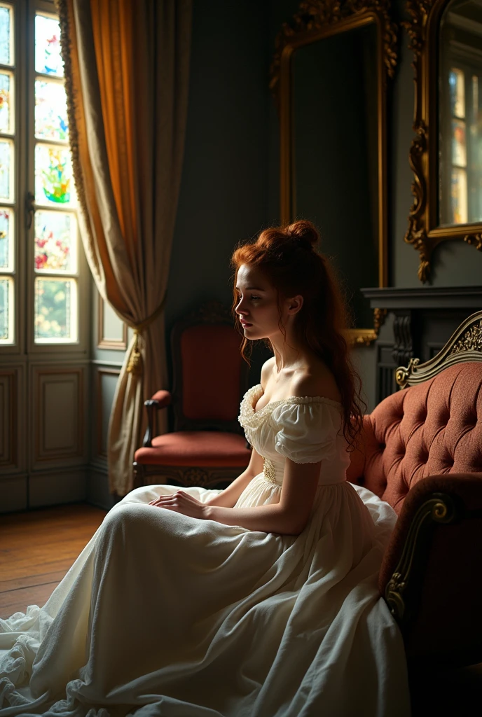 19th century French woman with red hair cries because she doesn't know what to do with her life