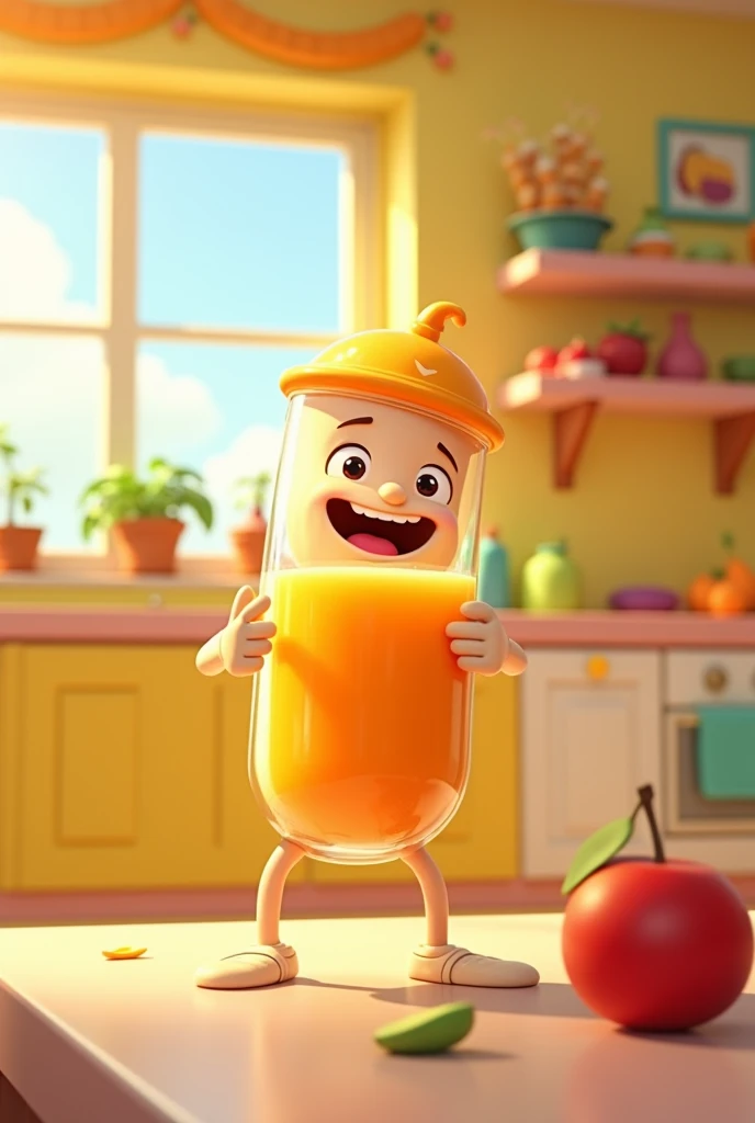 Animated juice glass with feet and arms drinking a glass of juice with dome lid