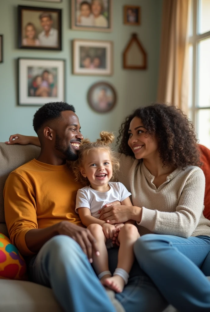   blonde on her father&#39;s lap young blonde and his mother a black woman happy together 