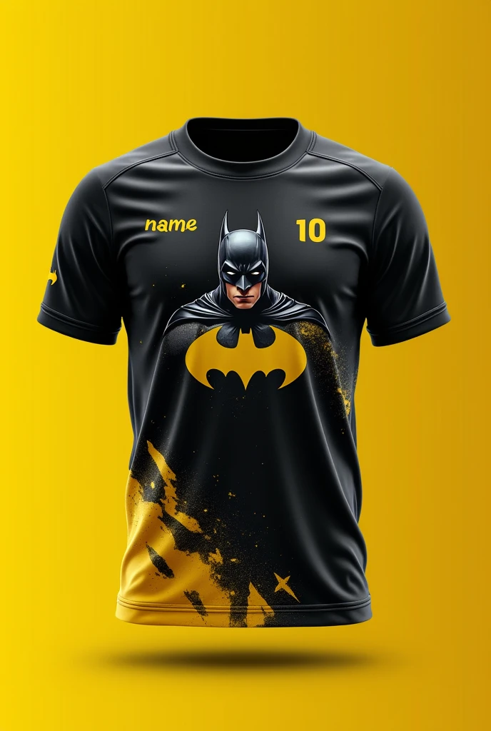make this batman bat smaller and place it on the right side of the chest. And please add a transparent batman design on the bottom area of the shirt.. Leave a sporty essence for school games. Show the complete shirt please.
Keep these details in the black part, make a small gradient to yellow at the end of the shirt, make this bat smaller and place it on the right side of the peoto. Don't forget to leave the essence of sports jersey for school games. Make it really eye-catching, Although, don't turn it into a cosplay, leave the sporty.
Now make the back of the shirt, follow the same branch, but put the drawing of the Batman hero in the middle in a transparent way ,the word "name" in the upper area of the shirt and the number 10 in the middle, with a cool font.